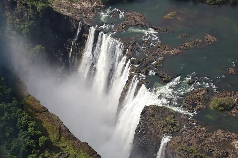 Victoria Falls plunging into the gorge, seen from above