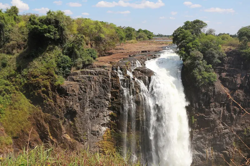 Victoria Falls pouring into a green, wooded gorge